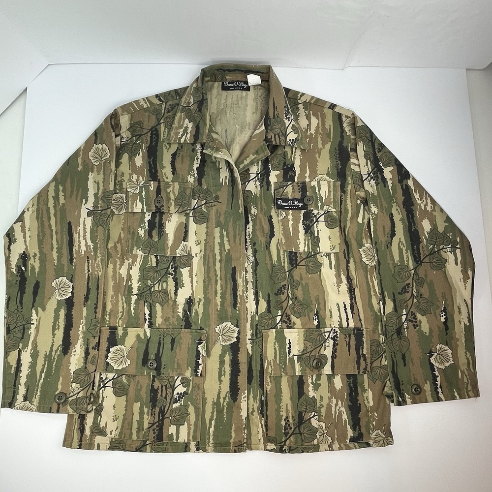 Vintage Dame-O-Flage Shirt Jacket Medium Green Vine Camo Print Made in USA